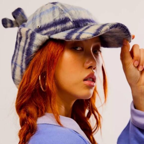 Free People Carter Brushed Blue Plaid Curved Brim 3 Panel Trapper Hat Fisherman - Picture 1 of 8